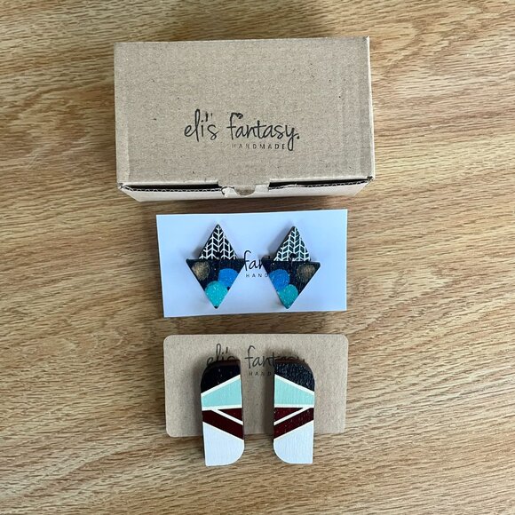 x2 Abstract Triangle and Tribal Wooden Modern Mountain Earrings Lightweight - Picture 9 of 9